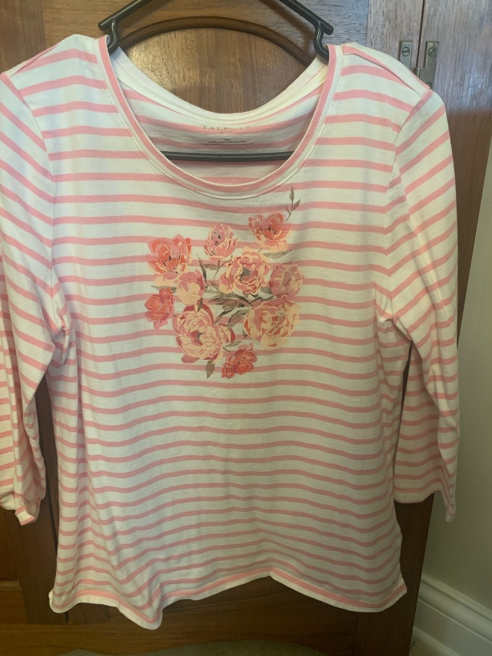 Talbots Pink and White Striped Floral Crewneck Long Sleeve Top